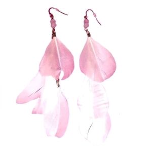 Rose Beads 3 Pink Feathers 2 Chains Cascading Chandelier Gold Plated Earrings